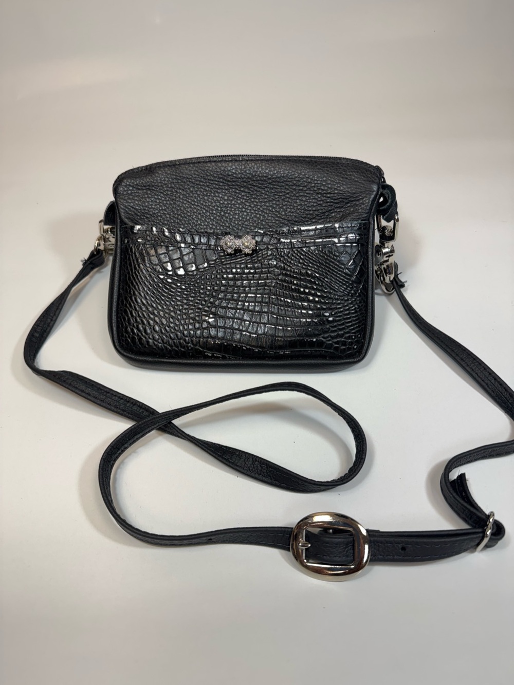 Black Croc-Embossed Crossbody Bag with Crystal Accent